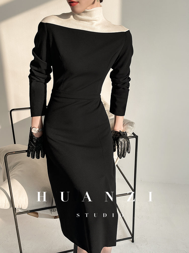 Huanzi new elegant classic black high turtle neck dress - Kios