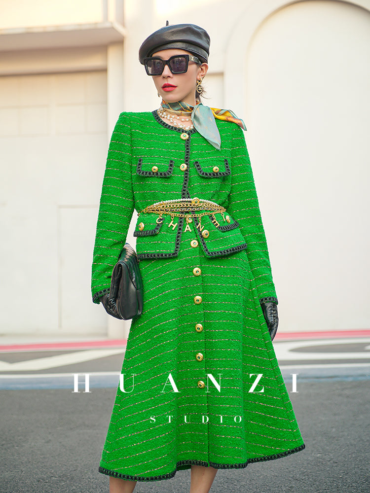 Huanzi tweed wool small suit autumn and winter new green short coat suit set- Lilibeth