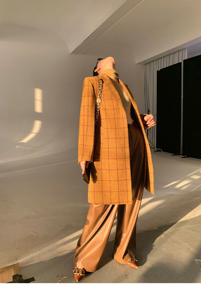 WANXO yellow plaid coat new high-end mid-length suit woolen coat- Kisa