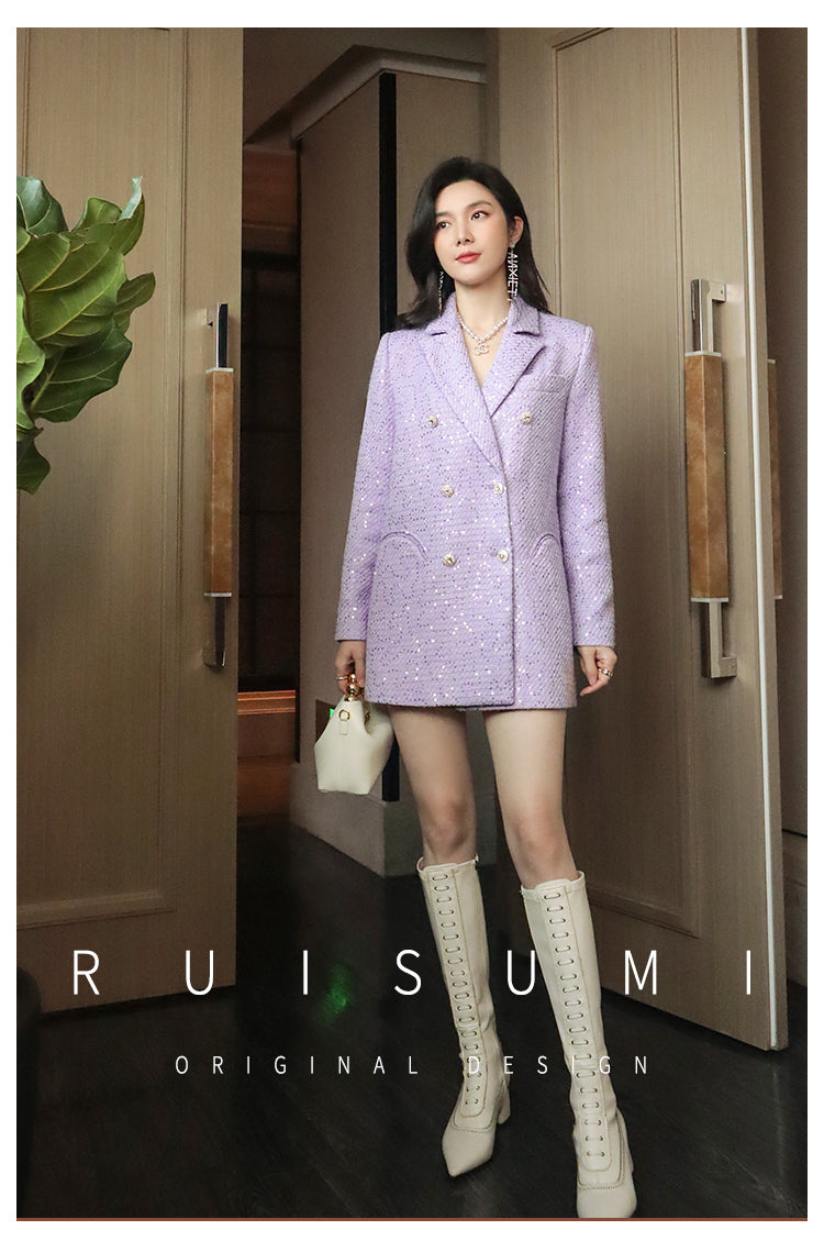 French elegant light luxury socialite high-end custom small fragrance purple sequin suit collar gentle suit jacket - Malu
