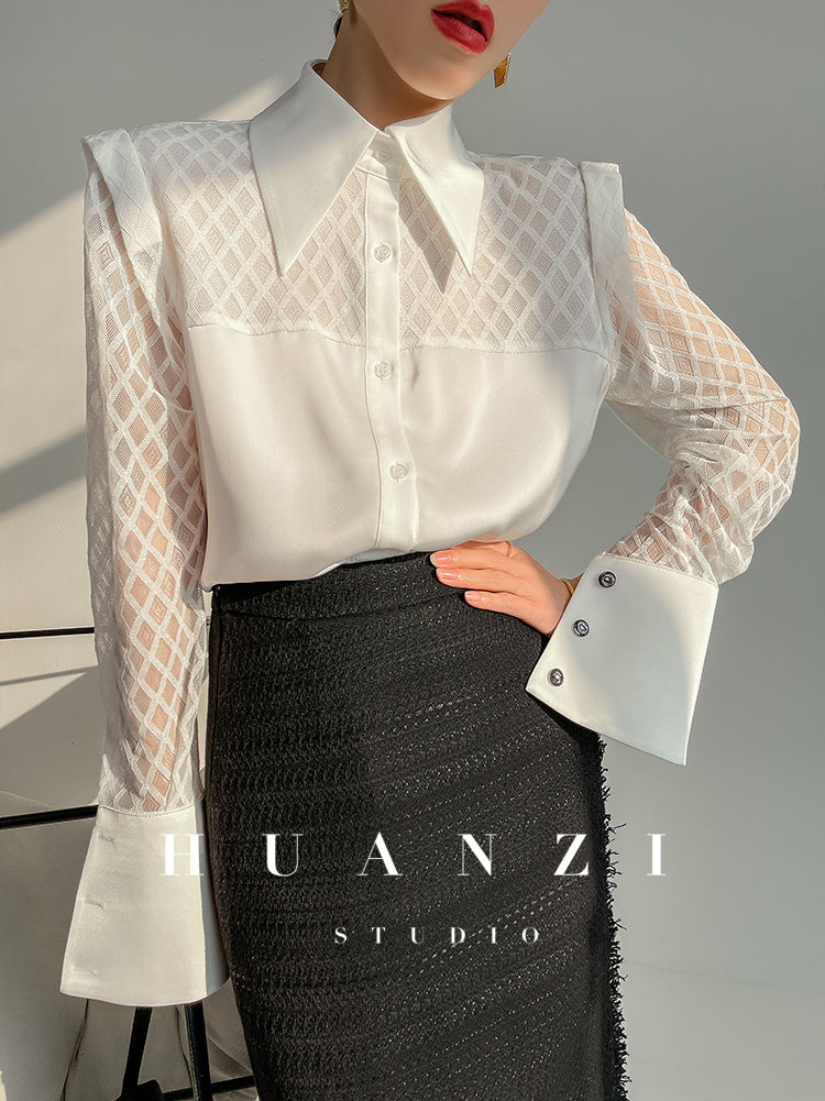 Huanzi high end custom lace plaid satin angle shoulder shirt - Bisrs