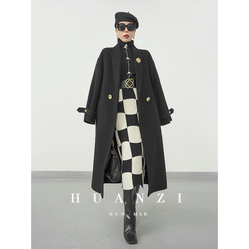 Huanzi classic black and white checkerboard high waist slim knitted fishtail skirt for women- Tiloa