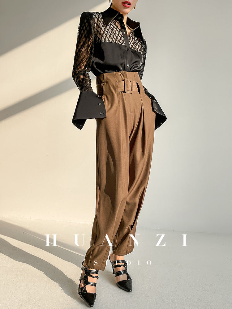 Huanzi high end custom lace plaid satin angle shoulder shirt - Bisrs