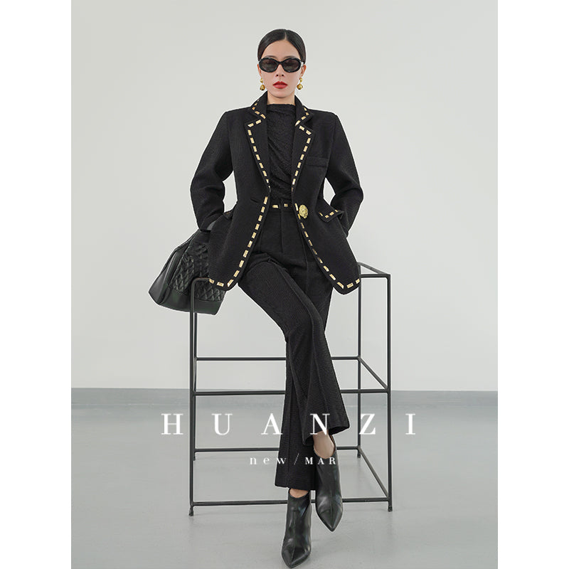 Huanzi new handmade micro-wide suit jacket with back slit straight-leg micro-launched trousers suit set- Emera