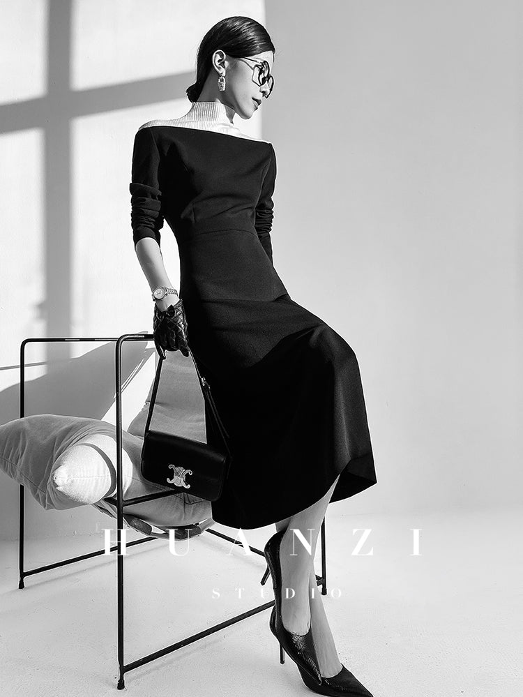 Huanzi new elegant classic black high turtle neck dress - Kios
