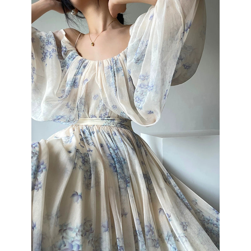 Aconiconi| Slip Off-the-Shoulder Top Skirt - Flower fairy
