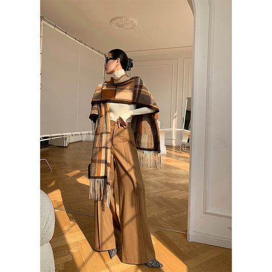 WANXO camel high waist drooping casual pants new straight loose wide leg pants- Tela