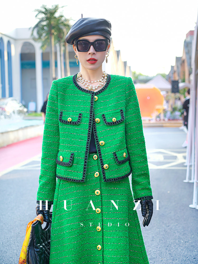 Huanzi tweed wool small suit autumn and winter new green short coat suit set- Lilibeth