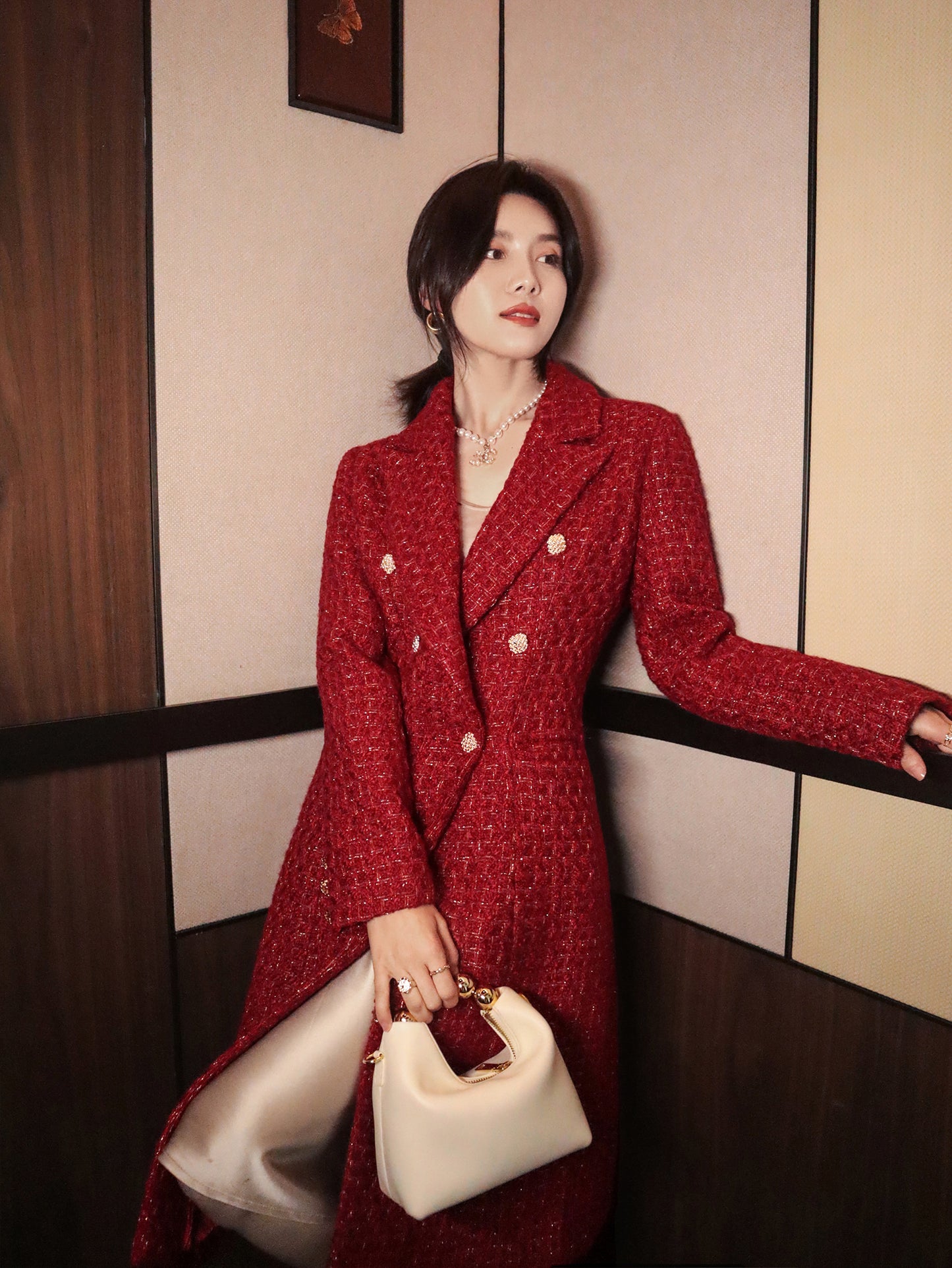 French retro wine red elegant modern bright light luxury waist modern mid-length coat jacket= Dora