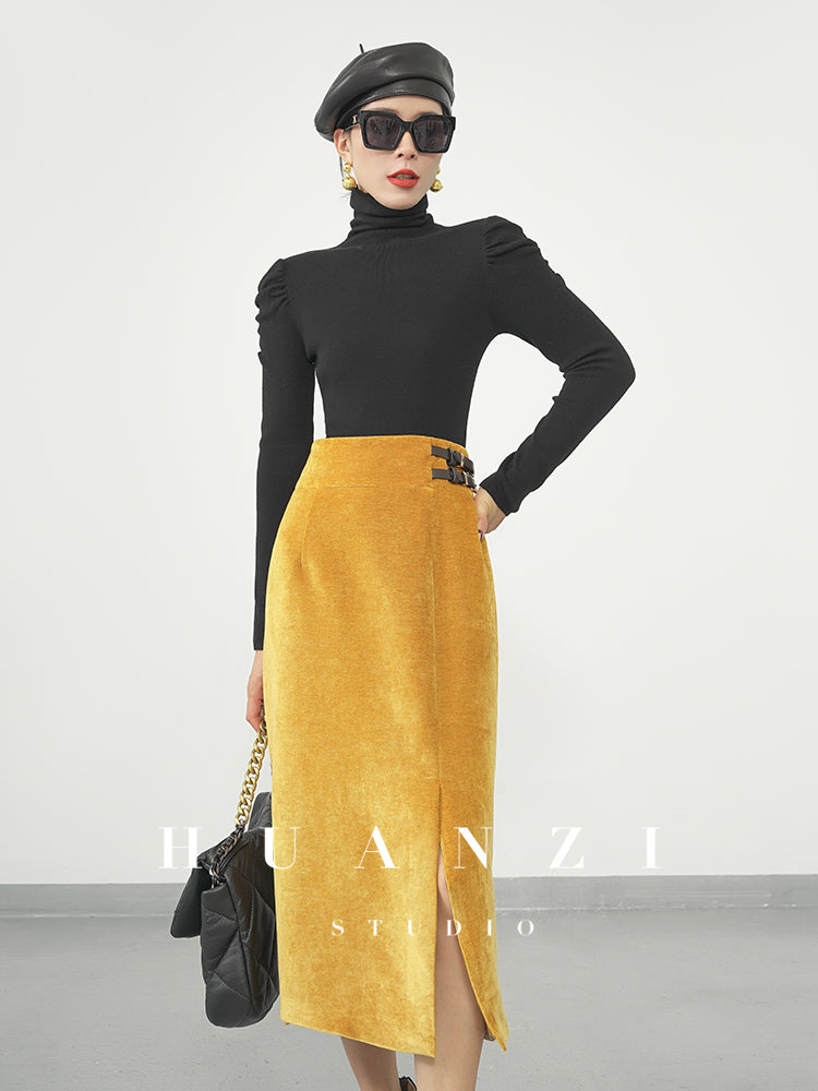 Huanzi new French velvet fashionable high waist slim and small slit skirt female- Elvin