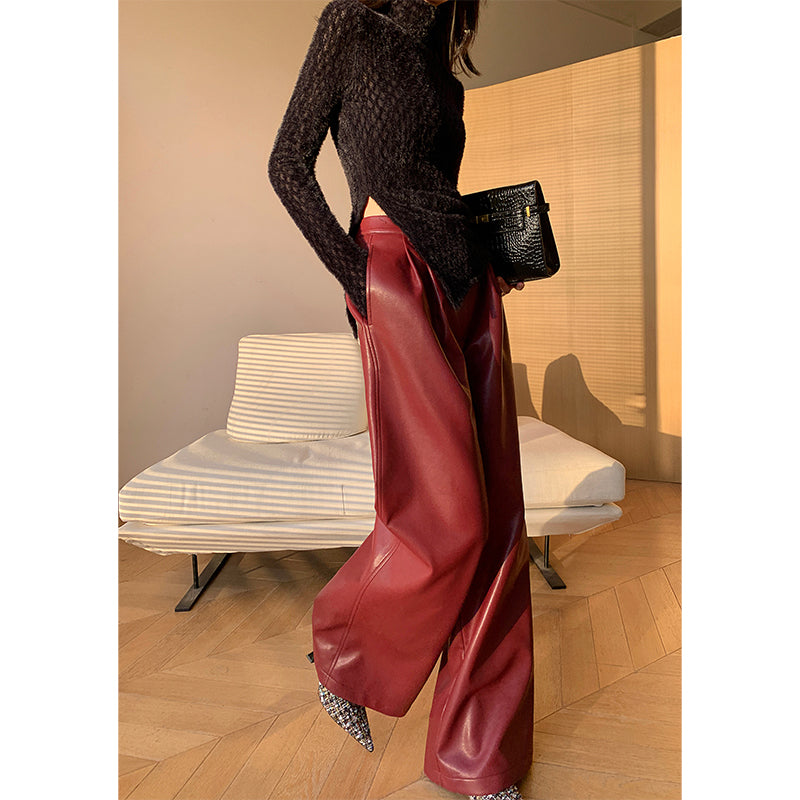 WANXO red retro vegan leather pants new high waist wide leg pants casual straight mopping trousers- Liliana
