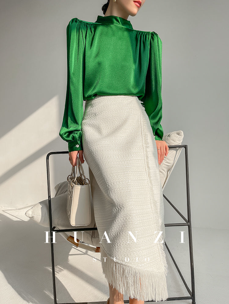 Huanzi new puff sleeves silk satin shirts top blouse - Oitr green