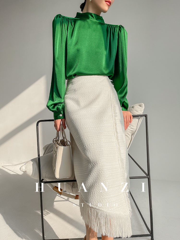 Huanzi new puff sleeves silk satin shirts top blouse - Oitr