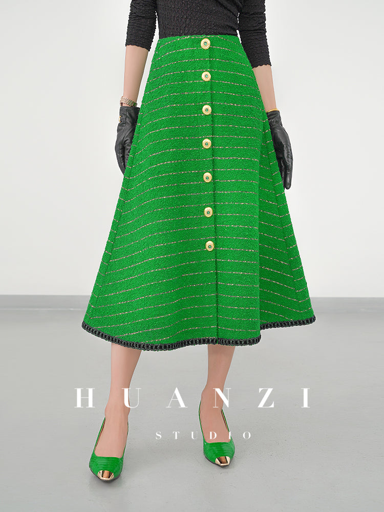 Huanzi tweed wool small suit autumn and winter new green short coat suit set- Lilibeth