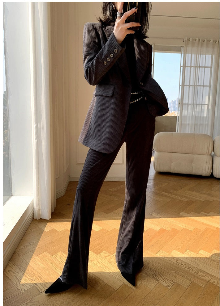 Gray WANXO retro corduroy two-piece suit new suit jacket high waist casual wide leg pants- Orfara