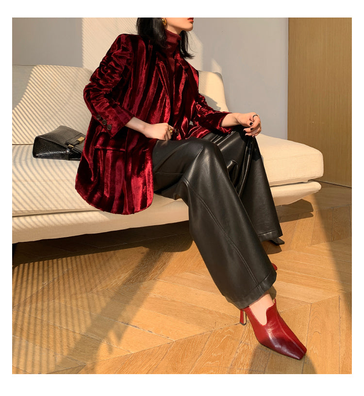 WANXO wine red acetate velvet suit jacket new high-end silhouette coat- Serena
