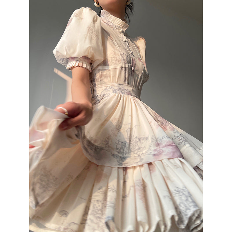 Aconiconi French puff short-sleeved shirt, tank layered printed skirt -  Kono's love letter