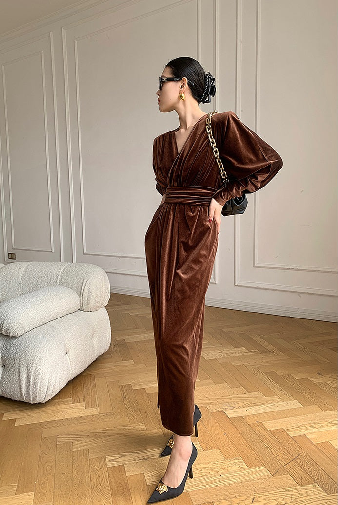 Brown WANXO French red pleated velvet dress new gold-like waist bottoming skirt- Winny