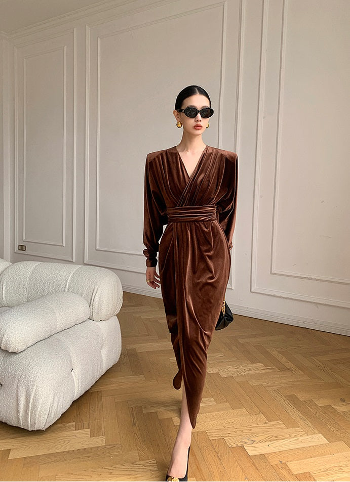 Brown WANXO French red pleated velvet dress new gold-like waist bottoming skirt- Winny