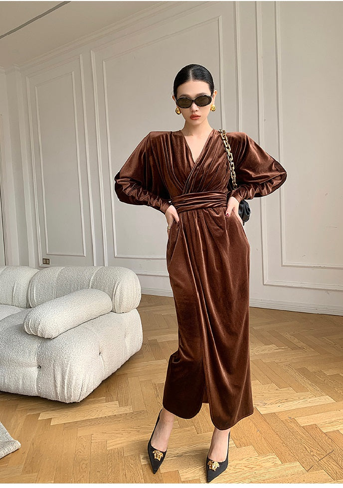 Brown WANXO French red pleated velvet dress new gold-like waist bottoming skirt- Winny