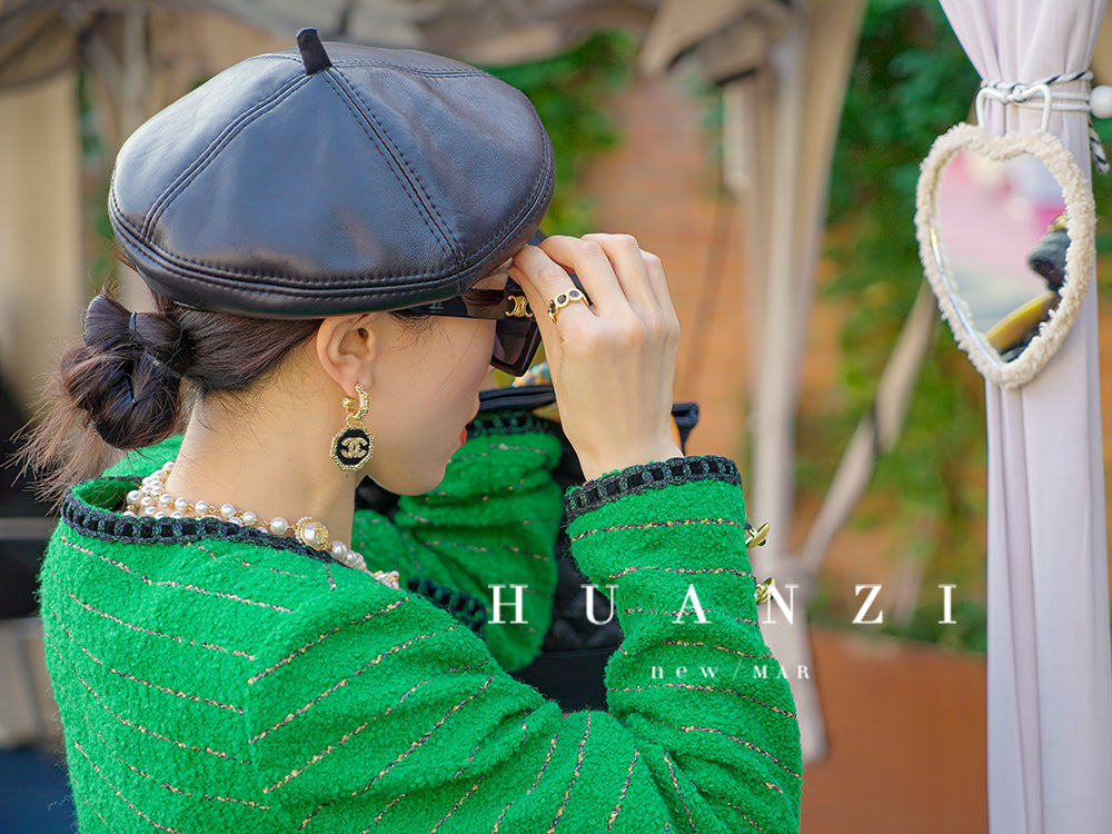 Huanzi tweed wool small suit autumn and winter new green short coat suit set- Lilibeth