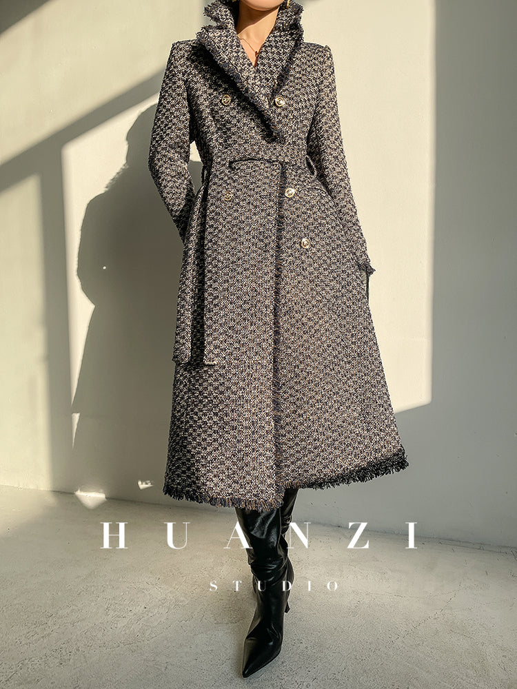 Wool Rough Flower Middle Gray Black High end Winter Jacket Coat- Teisd
