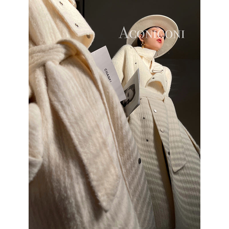 Aconiconi | Double-sided Feminine White Mid-Length wool Coat - Fuji