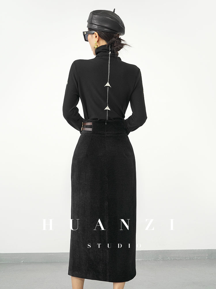Huanzi new French velvet fashionable high waist slim and small slit skirt female- Elvin