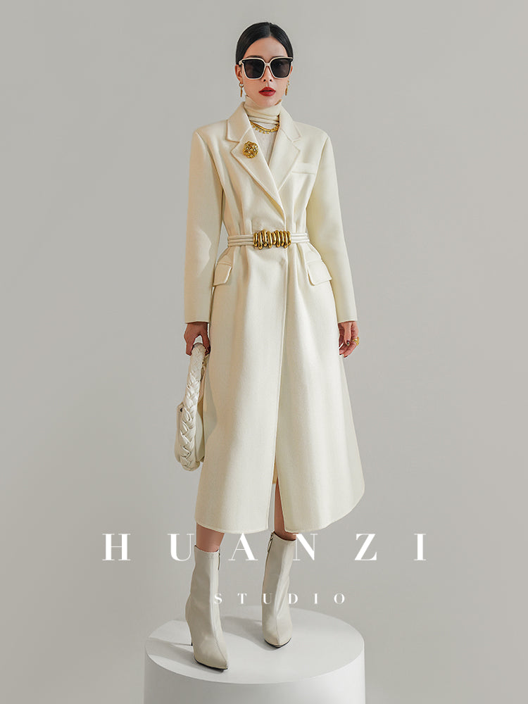 Huanzi high-definition wool pure hand-sewn double-sided woolen mid-length coat- Randy