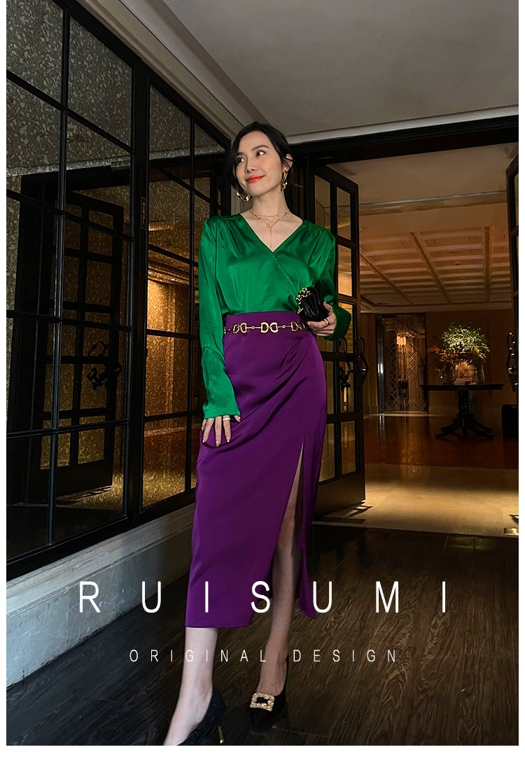 Retro jewel green V-neck shirt top + pencil slit pleated purple skirt suit set - Natu