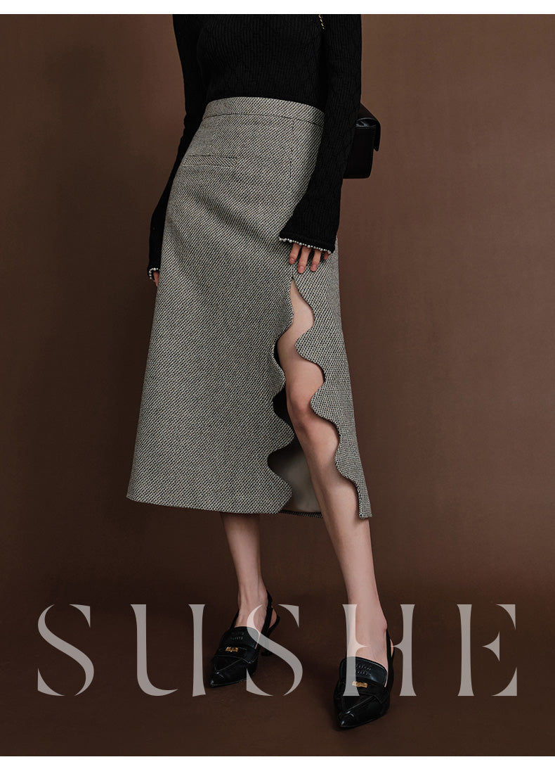 SUSHE Heavy Elegant Wave Slit Spring Skirt - monet vision