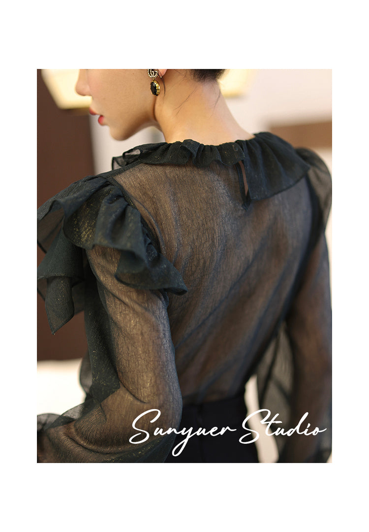 Hand-embroidered lotus leaf high-end design chiffon top & high waist wide-leg design shorts two piece suit set- Sinia