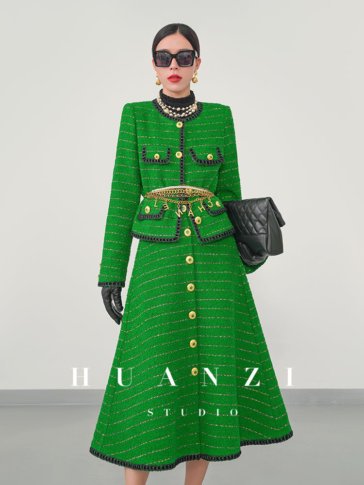 Huanzi tweed wool small suit autumn and winter new green short coat suit set- Lilibeth