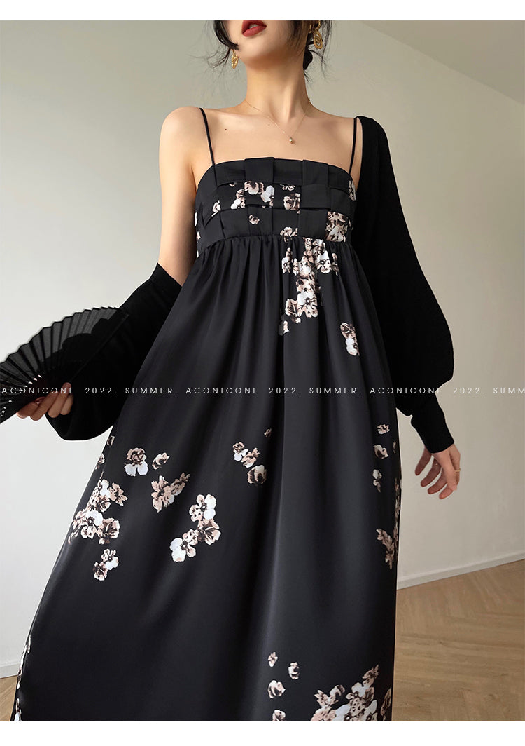 Aconiconi|Luxury French japanese retro print tube top suspender loose dress - Kimiko