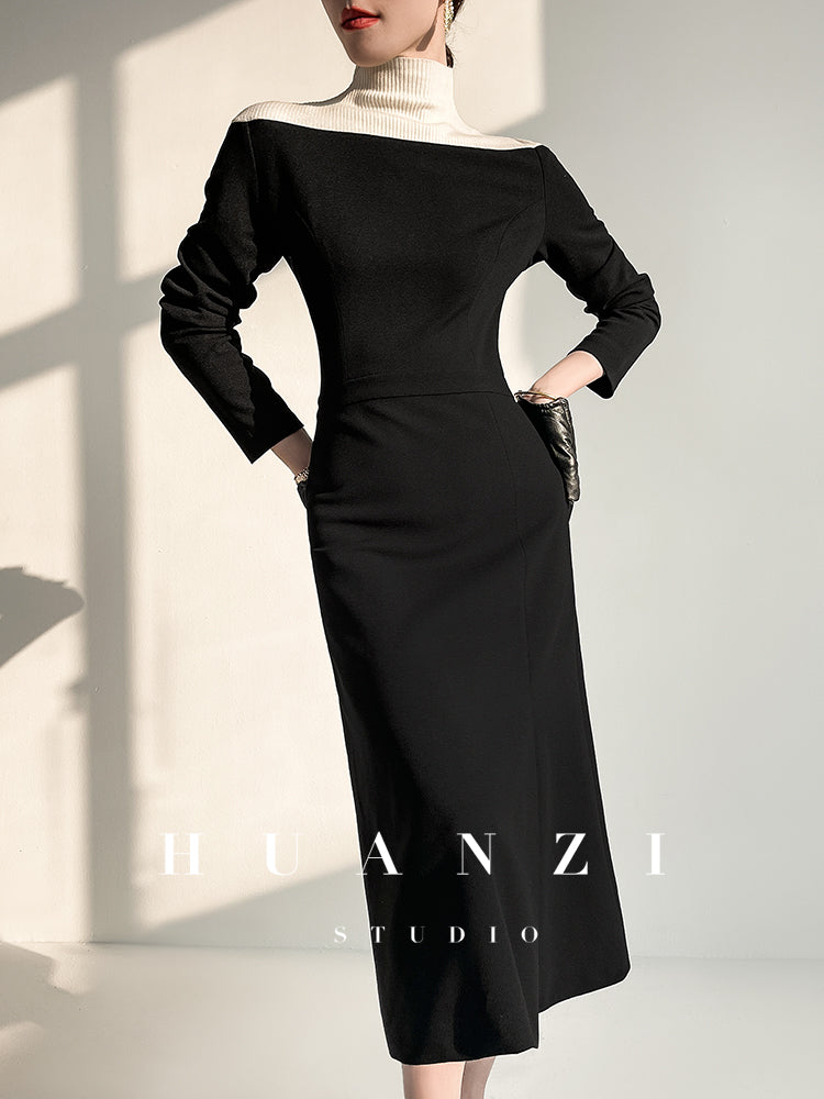 Huanzi new elegant classic black high turtle neck dress - Kios