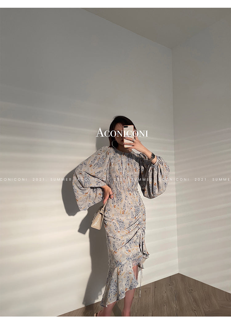 Aconiconi|high-end French tea floral printed elegant lantern sleeve midi dress - Nila