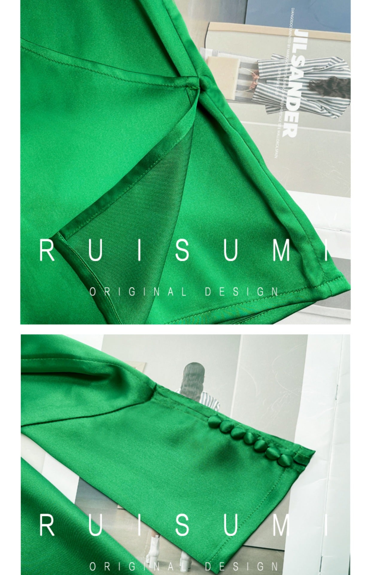 Retro jewel green V-neck shirt top + pencil slit pleated purple skirt suit set - Natu
