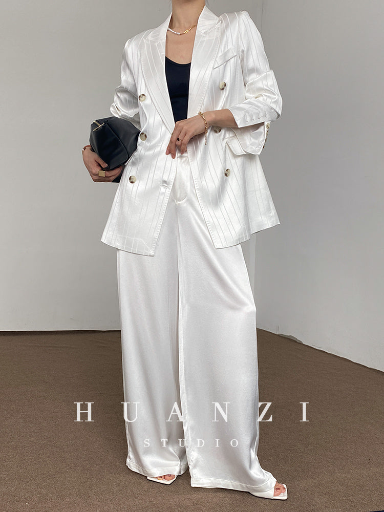 Huanzi high end tri-acetic satin drape high-end suit white silk blazer suit -Bioba