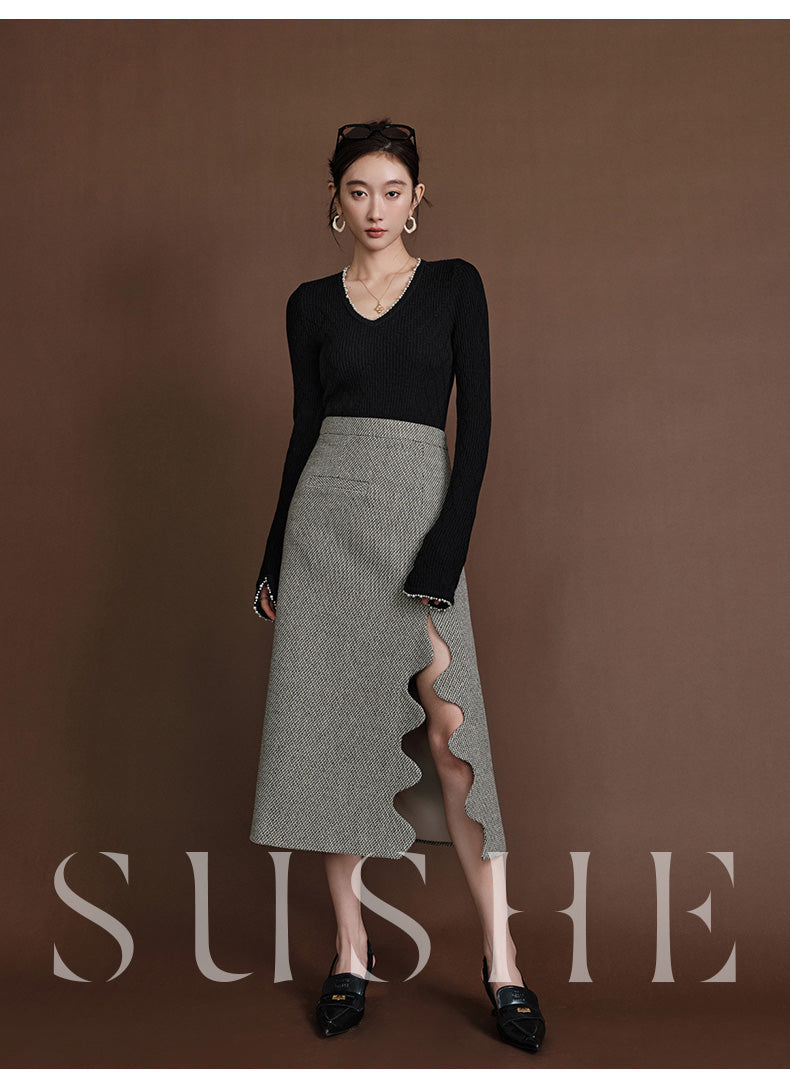 SUSHE Heavy Elegant Wave Slit Spring Skirt - monet vision