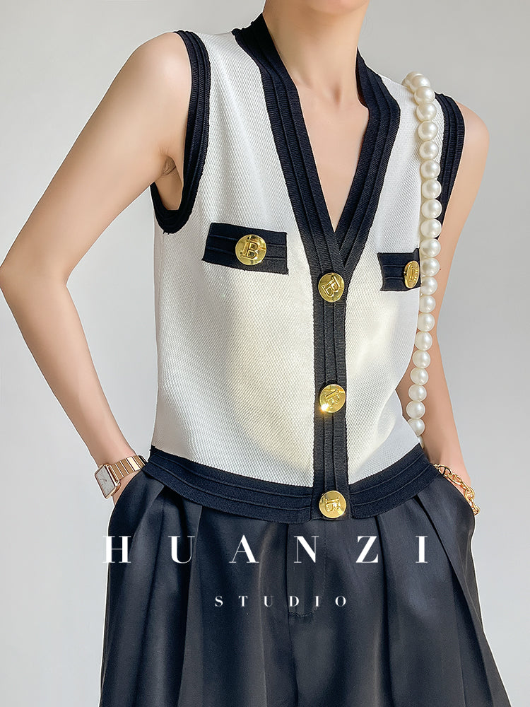 Huanzi V-neck knitted summer sleeveless outer top - lkop