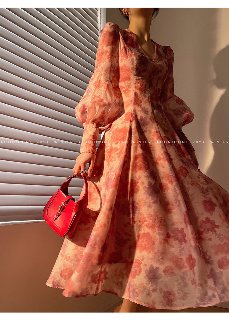 Aconiconi|Romantic French print luxury handmade haute couture beaded v-neck midi dress - Pilore