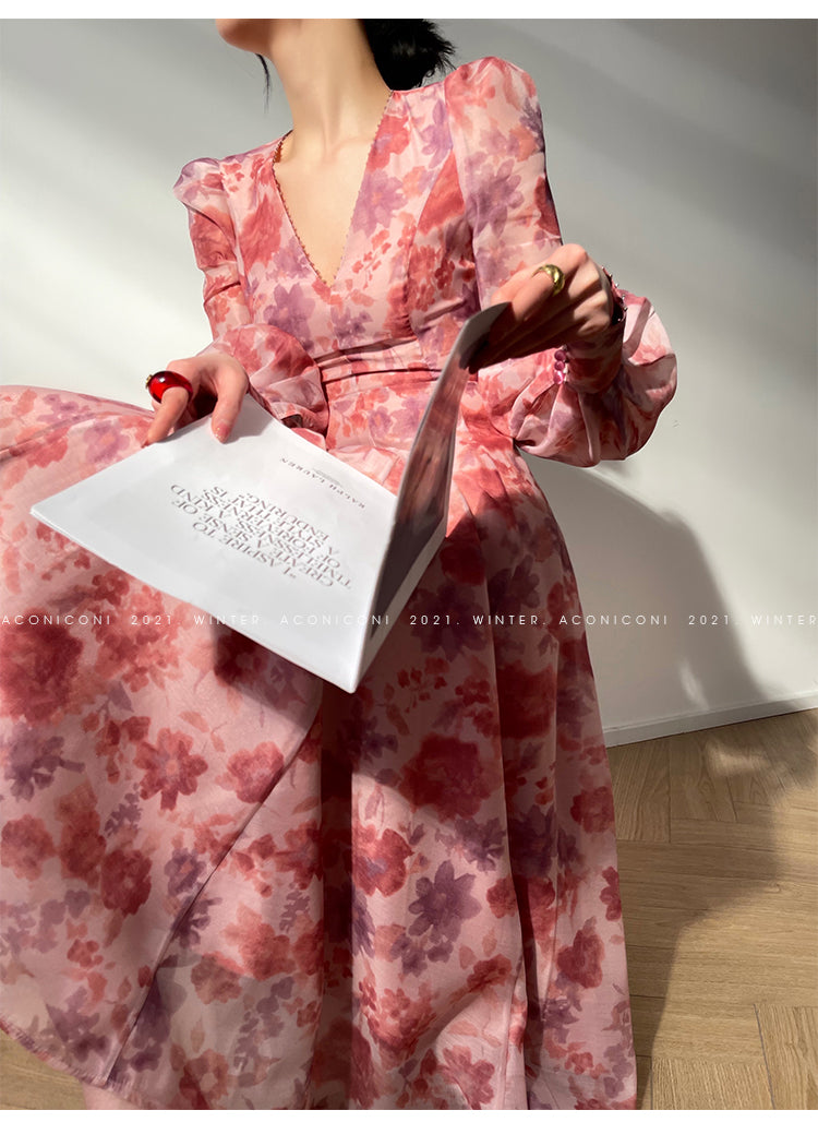 Aconiconi｜Romantic French print luxury handmade haute couture beaded v-neck midi dress - Pilore