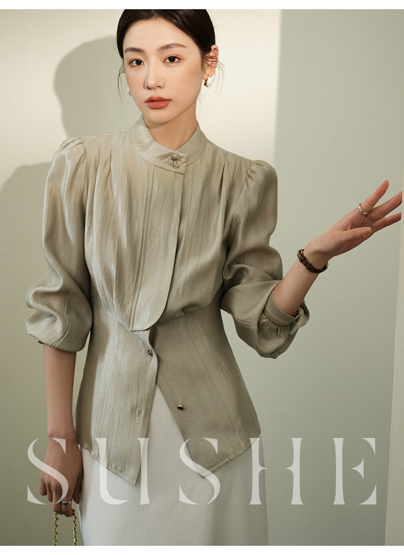 SUSHE Gold Series Retro Spring Women's 2023 Loose Stand Collar Shirt -Star