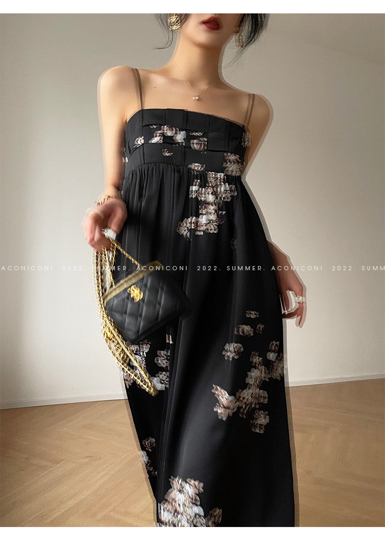 Aconiconi|Luxury French japanese retro print tube top suspender loose dress - Kimiko