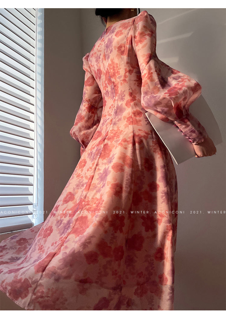 Aconiconi|Romantic French print luxury handmade haute couture beaded v-neck midi dress - Pilore