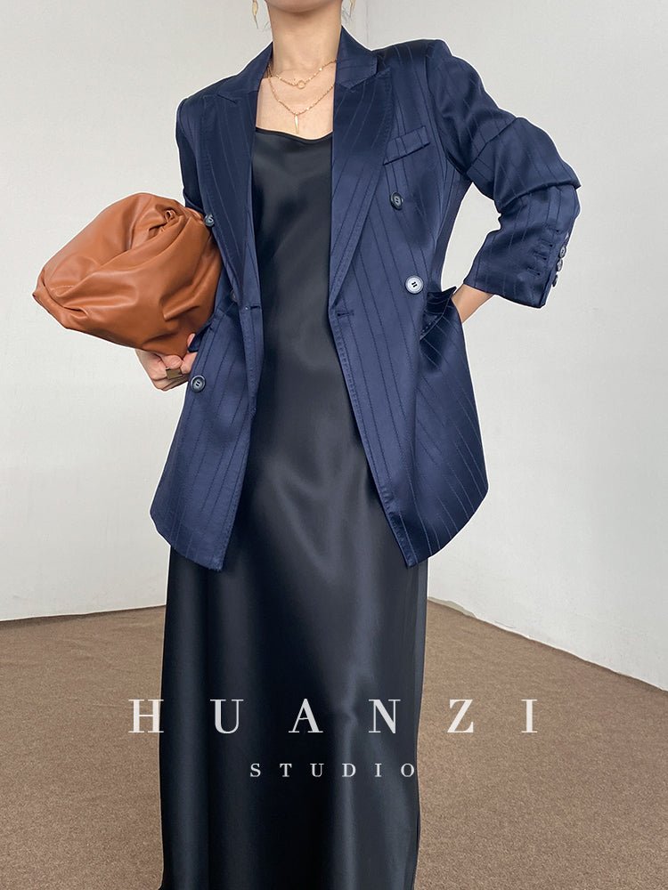 Huanzi high end tri-acetic satin drape high-end suit white silk blazer suit -Bioba