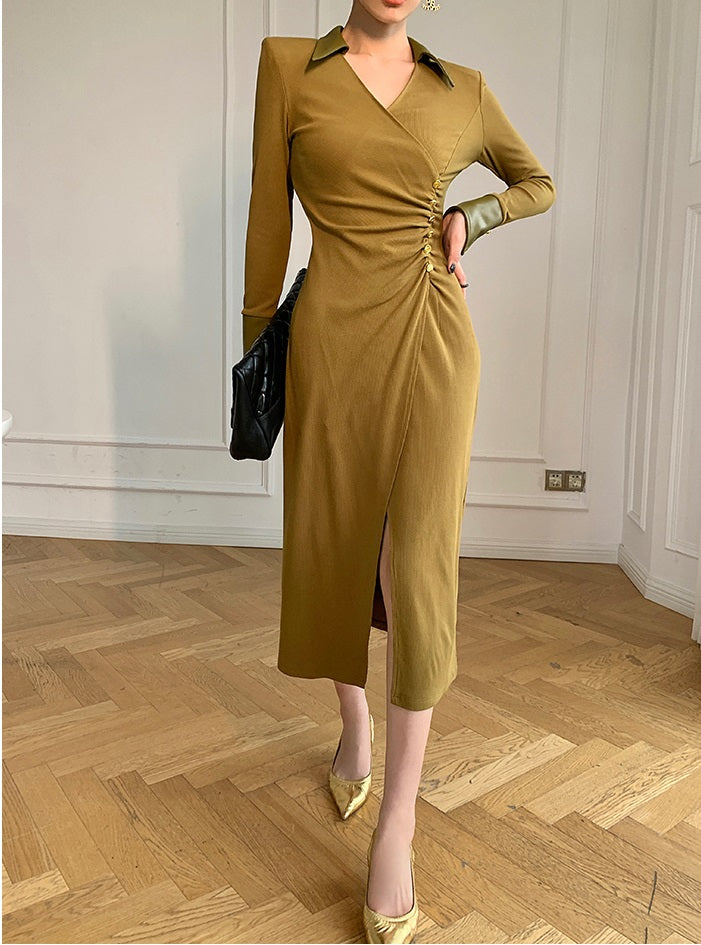 WANXO green v-neck shirt dress new waist and thin knitted slit bottoming skirt- Bella