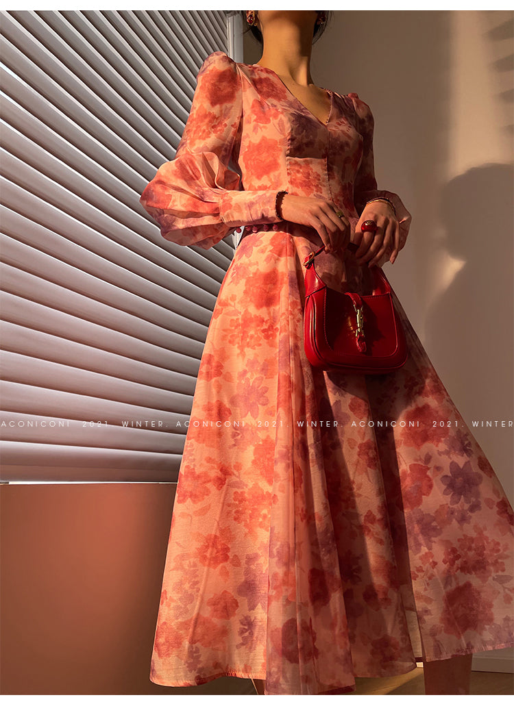 Aconiconi|Romantic French print luxury handmade haute couture beaded v-neck midi dress - Pilore