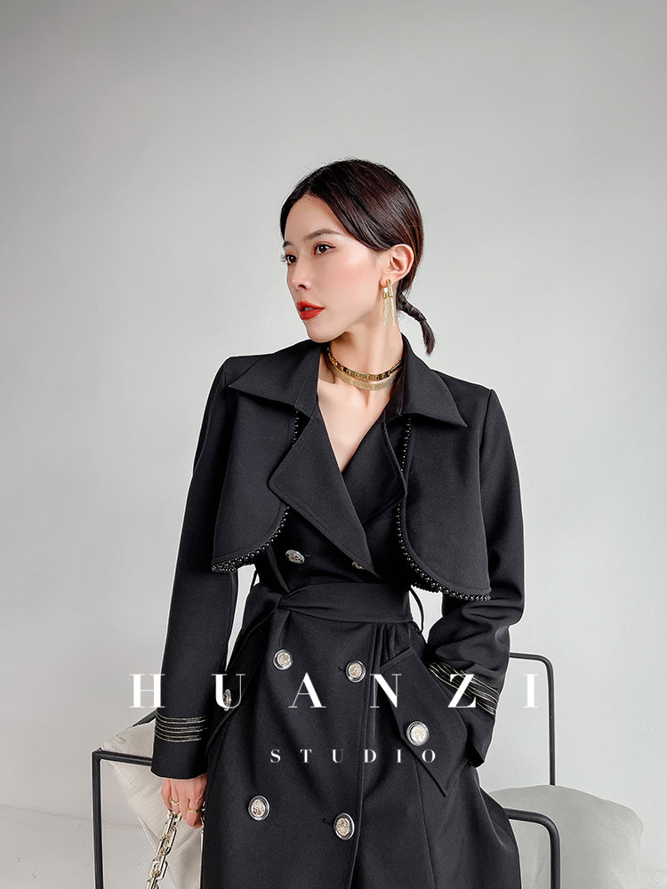 Huanzi spring women's long-sleeved black lace-up windbreaker midi coat- Lisud