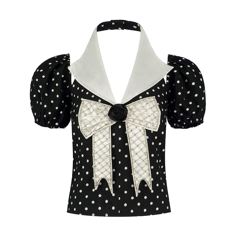 Retro Hepburn inspired black high waist pleated skirt puff sleeves chiffon top two piece suit set- Chia